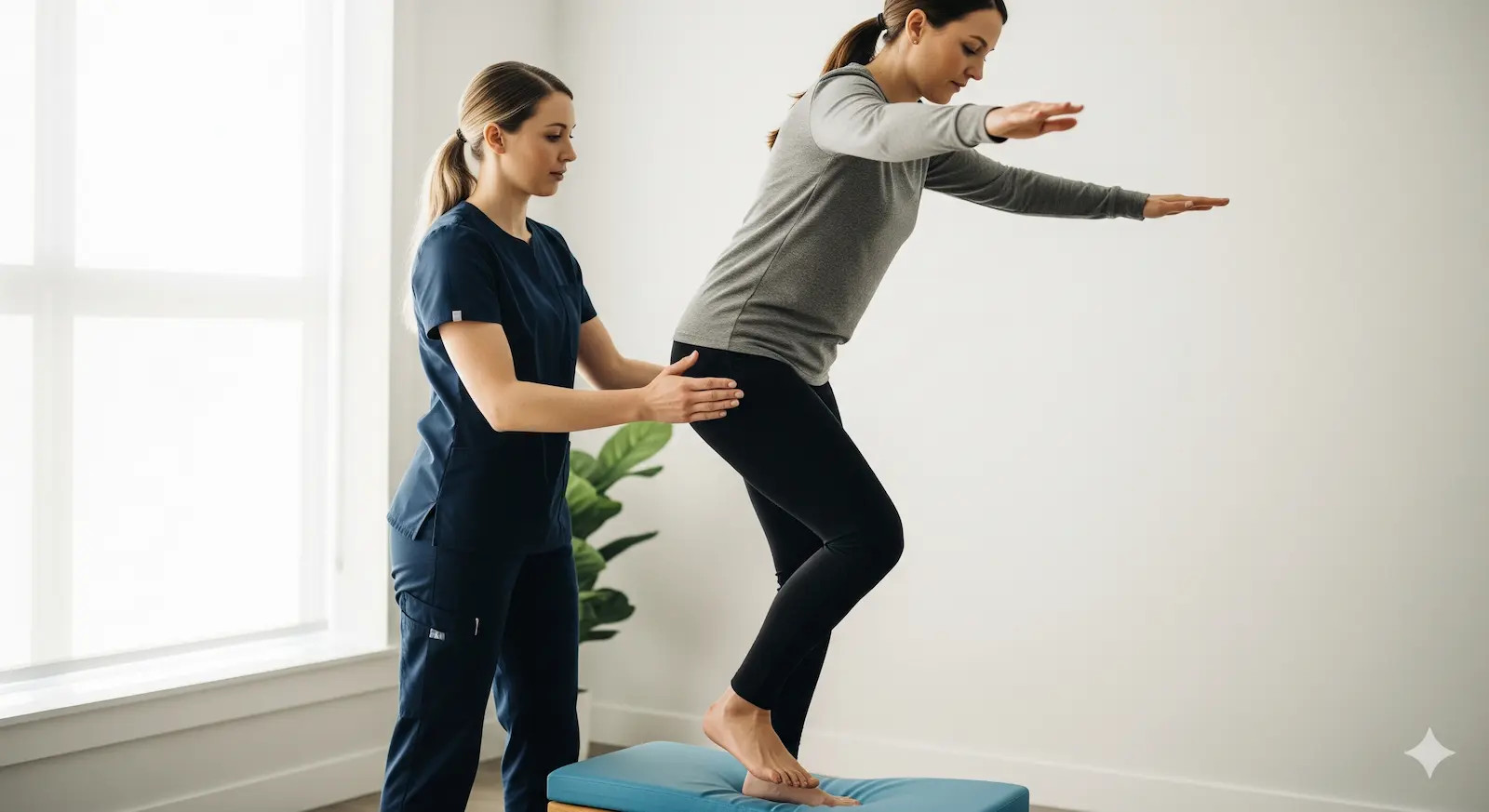 Physiotherapeutin führt Schwindeltherapie mit Gleichgewichtsübungen in Emmenbrücke durch