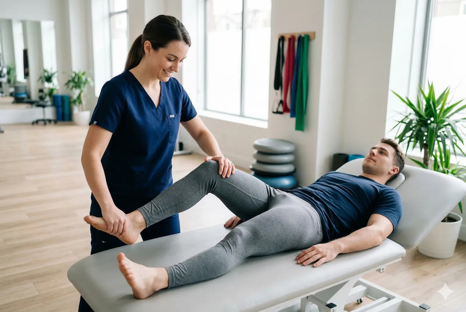 Physiotherapeutin übt mit Patient Gangtraining in der Neurophysiotherapie in Emmenbrücke