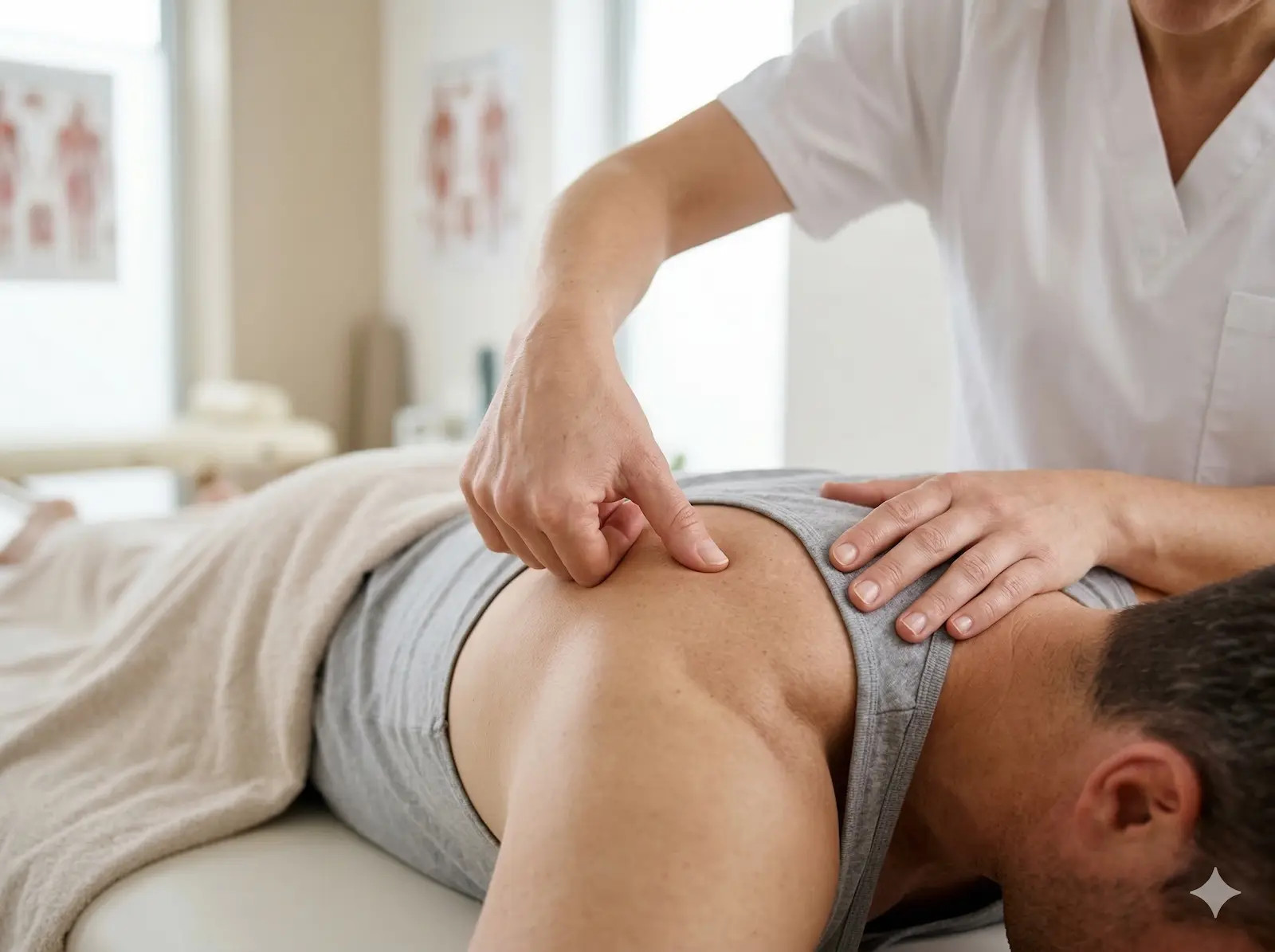 Physiotherapeutin behandelt schmerzhafte Muskeltriggerpunkte an der Schulter einer Patientin in Emmenbrücke